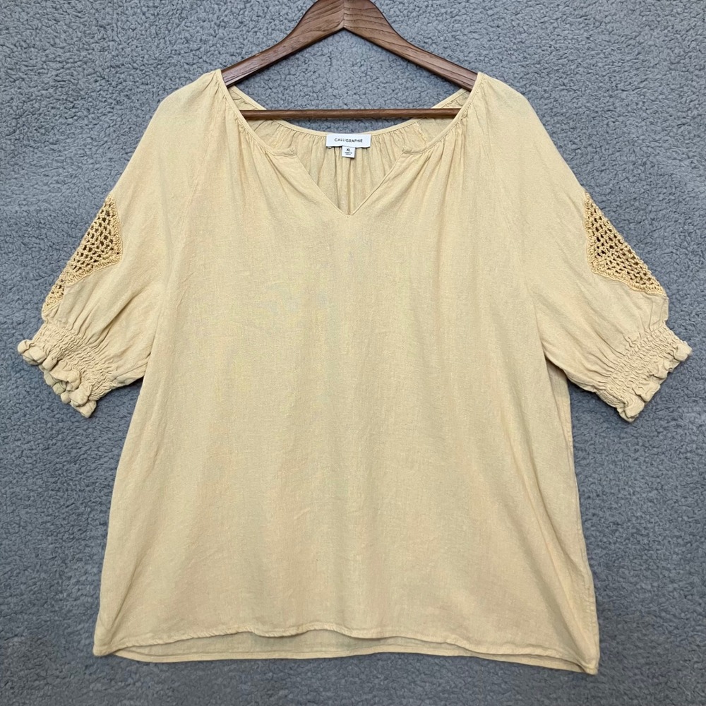 Calligraphie Anthro Blouse Women XL Tan Yellow Linen Crochet Smocked Sleeve Top